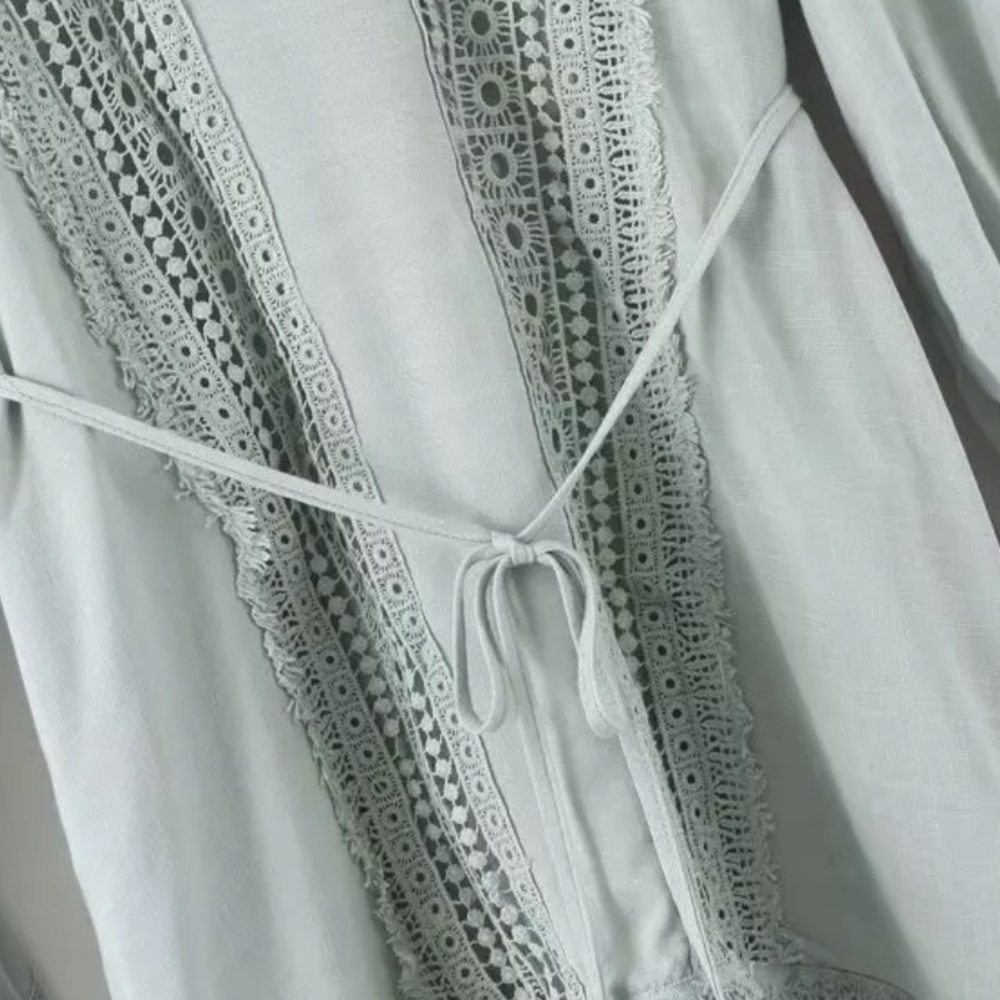 Crochet Fringe Bell Sleeve Boho Gypsy Dress Mint - Picture 7 of 12